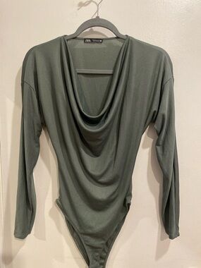ZARA Olive Green Draped Cowl Neck Bodysuit